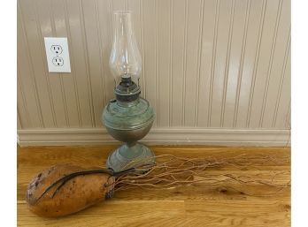 Very Cool Vintage Oil Lamp And Natural Wood Table Decor