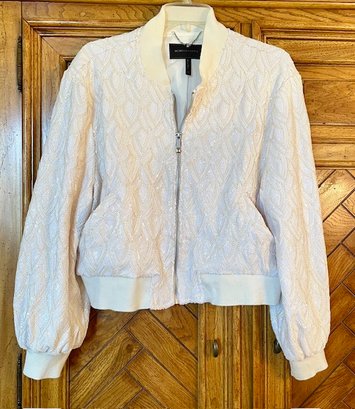 BCBG White And Cream Sequined Bomber Jacket With Pockets - New - Size M