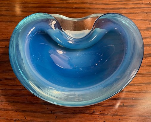 Vintage Murano Cased Glass Blue Ashtray Or Bowl - 6.5'L X 5.5'W X 2.25'T