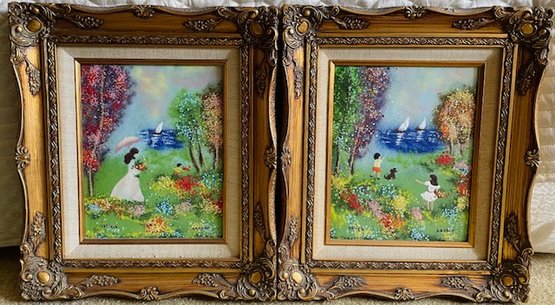 Louis Cardin Enamel Paintings In Ornate Gilt Frames -  Collectors Guild - Pair - 13.5' W X 15.5'T X 1.25'D