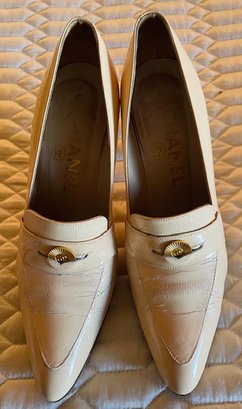 Vintage Chanel Ivory Patent Leather Penny Loafer Pumps With Chanel Gold Pennies - As Is - Size 36.5