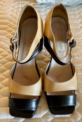 Chanel Vintage 2-Tone Leather Square Toe Sandals Shoes - Size 36.5