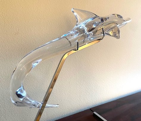 Daum Glass Dolphin On Chrome Stand - 16'L X 16'T X 8.5'D With Stand