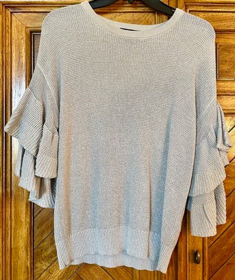 DKNY Gray Silver Metallic Knit Ruffle Sleeves Sweater - Size S