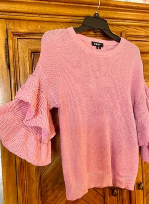 DKNY Pink Metallic Knit Ruffle Sleeves Sweater - Size S
