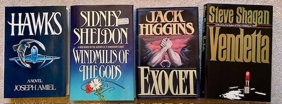 Lot/4 Hardcover Novels Books  - Hawks, Windmills Of The Gods, Exocet, Vendetta