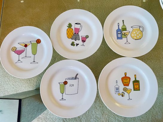 Set/5 Whimsical Cocktail Themed Porcelain Plates - 6.75'W Each