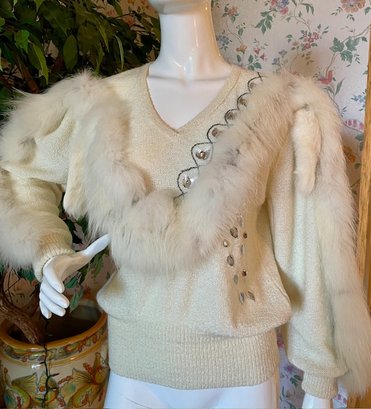 Vintage 1980s Crochetta - Rabbit Fur And Sequined Sweater