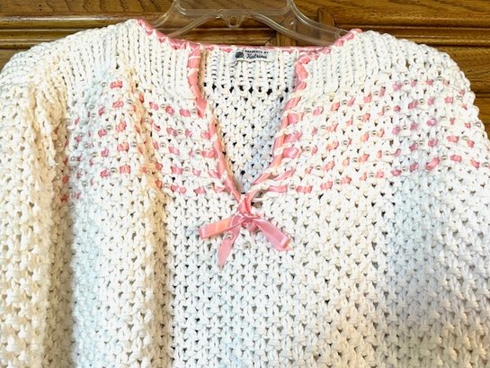 Vintage Sweater - Handknit By Katrina - White With Pink Ribbon And Pearls - No Size