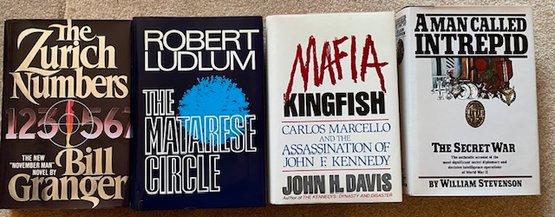 Lot/4 Vintage Hardback Books - The Zurich Numbers, The Matarese Circle, Mafia Kingfish, A Man Called Intrepid