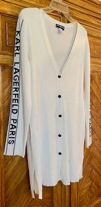 Karl Lagerfeld Long Black And White Cardigan Sweater With Logo Sleeves - Size M