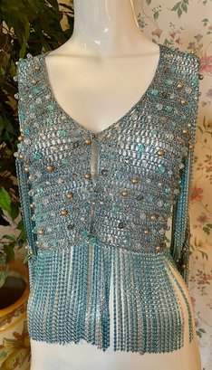 Rare Vintage 1980s - Loris Azzaro Paris - Beaded Turquoise Sweater With Metal Chains - No Size