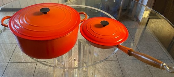 Lot/2 Vintage Le Creuset Flame Orange Cookware With Lids - Dutch Oven Soup Pot And Fry Pan