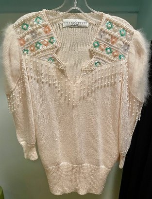 Vintage 1980s - Lillie Rubin White Angora Sequined, Beaded And Pearl Sweater - No Size
