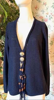 Navy Alpaca Sweater With Wood Bead Tassels And Gold Face Tribal Buttons - No Size