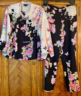 Natori Black And White Floral Pajamas With Mandarin Collar - 2 Piece Set - Size M