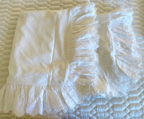 Set/2 Ralph Lauren White Eyelet Euro Pillow Shams And Embroidered 'B' Zipped Queen Pillowcase Sham