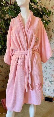 Ingrid Schonhammer For I. Magnin - Vintage Pink Terry Robe With Pockets - Satin Elephants Design - One Size