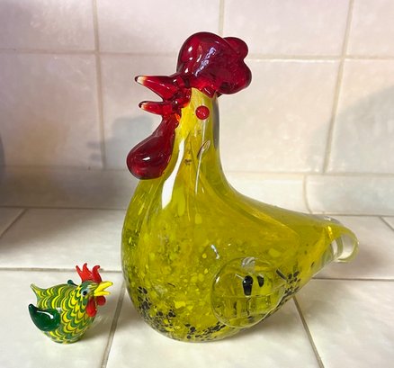 Lot/2 Vintage Colorful Art Glass Roosters - 6'T And 2'T