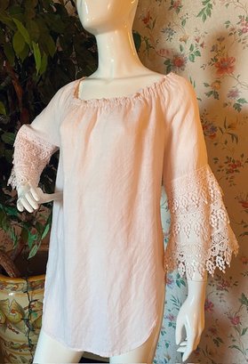 Saks Fifth Avenue - Pale Pink Linen Italian Off The Shoulder Top Blouse With Lace Sleeves - Size M