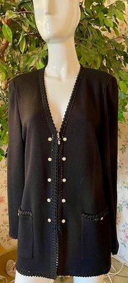 St John - Black Knit Double Row Cardigan With Gold And Rhinestone Buttons - Zip Close - Sz 8