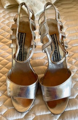 Lot/2 Vintage 1970s Disco Sandals - Silver Leather And Beige Snakeskin  - Sz 6