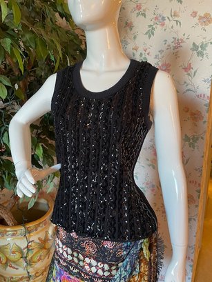 Lot/2 - Vintage Sonia Rykiel - Black And Ivory Knit Sleeveless Sweater Camisoles With Sequins - Size 46 And 44