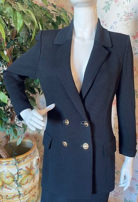 St John - Black Knit Double Breasted Blazer With Shoulderpads And Gold Buttons - Size 4