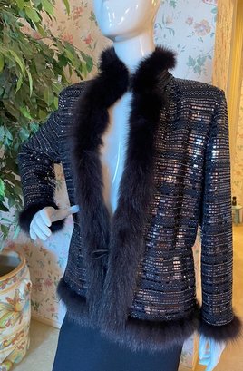 St John Couture - Beaded Evening Jacket With Fur Accents - Size 6