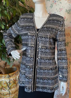 St John Evening 2-Piece Set -  Black Knit Camisole Size S And Sequined Beaded Long Jacket Size 6