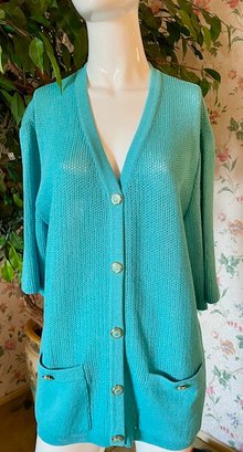 St John - Knit Turquoise Short Sleeve Cardigan Sweater With Gold Buttons - Sz M