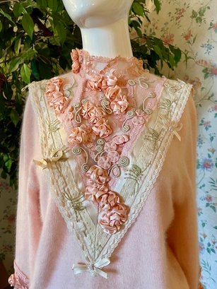 Vintage 1980s Italian Pink Sweater With Satin Ribbon Rosettes, Embroidery And Lace