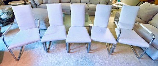 Set/5 Ronald Schmitt - White Leather And Chrome Vintage Dining Chairs - 2 Armchairs And 3 Chairs