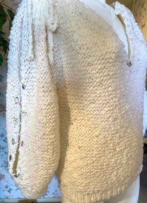 Vintage 1980s - White Sweater With Pearls And Beaded Sleeves - Knitted By Tammy - No Size