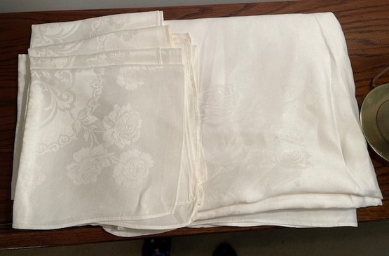 White Floral Tablecloth With 8 Napkins- Some Stains - 120' L X 70'W