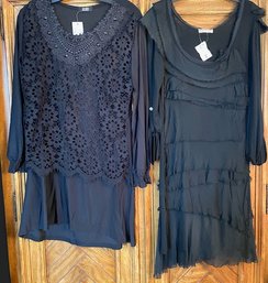 Lot/2 Black Dresses - New With Tags - Made In Italy Silk Ruffle Size S And Almo Eyelet Size Small