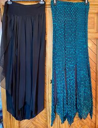 Lot/2 Long Skirts - Moonlight Teal/Black Stretchy Skirt Size S, Made In Italy Black Silk Ruffled Skirt