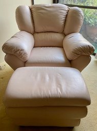 Chateau D'ax Italian Vintage Oversized Club Chair And Ottoman - Pale Beige Leather With Pink Undertones