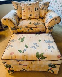 Vintage Oversized Chair And Ottoman - Yellow Floral Pattern With 3 Pillows
