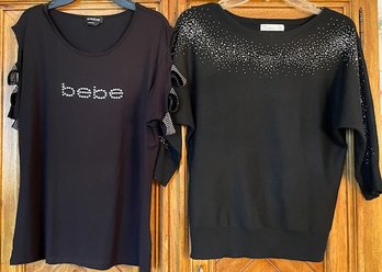 Lot/2 Black Tops - Bebe Rhinestone Tee - Size L - And 89th Madison Sweater - Size S