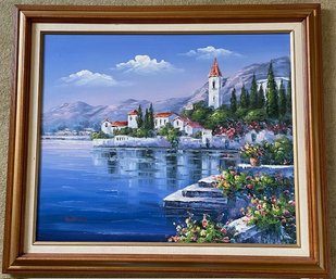Chateau At The Lake - Oil On Canvas In Gilt Frame - 29.5'L X 25.5'T X 1.25'D