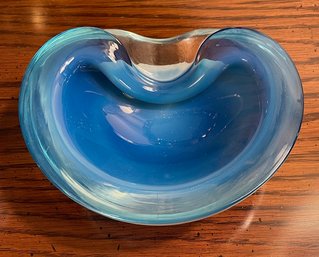 Vintage Murano Cased Glass Blue Ashtray Or Bowl - 6.5'L X 5.5'W X 2.25'T