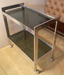 Vintage Smoky Glass And Chrome - 2-tiered Bar Cart - 30.25' L X 31.25'T X 16.5'D