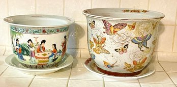 Lot/2 Vintage Porcelain Planter Pots - Chinese Figures And Butterflies - 10.5'T And 9.25'T