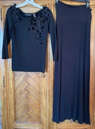 Lot/2 Black Set - Dana Buchman Sweater W/Flowers Size S And Donna Karan Black Label Jersey Skirt Size S