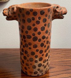 Handpainted Leopards - Vintage Terra Cotta Clay Vase - 9.5'T X 8'W