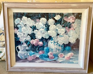 1980s Floral Still Life Print In Whitewashed Frame 47.5'L X 40'T