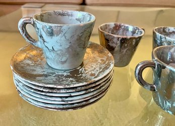Sascha Brastoff Set/8 - Demitasse Espresso Silver Marble Luster Cups And Saucers