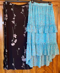 Lot/2 Printed Long Skirts - Aqua Floral On Turquoise - New With Tags Size M - And Amanda Smith Black Size S