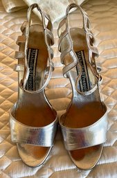 Lot/2 Vintage 1970s Disco Sandals - Silver Leather And Beige Snakeskin  - Sz 6
